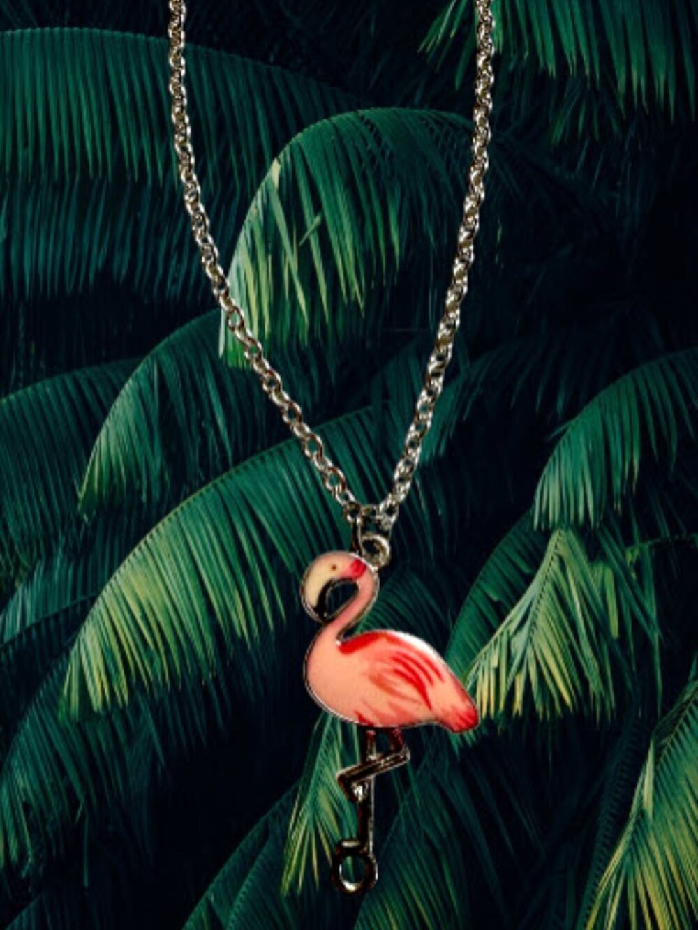 Pink Flamingo Necklace Diamond Cut Stainless Steel Chain Tropical Resort Wear